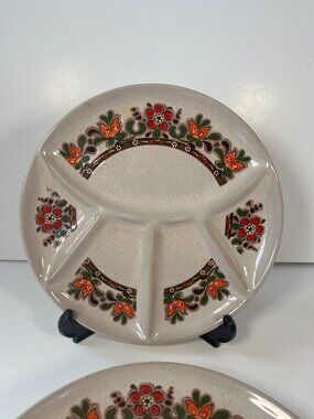 Divided Fondue Plates Vintage Ceramic Colourful European Folk Art Raclette Set 3